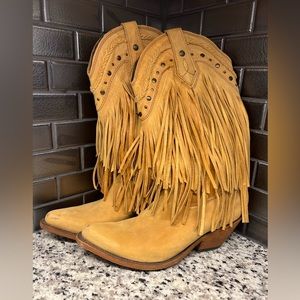 LIBERTY BLACK LB71124 Vegas Topo/tan fringed cowgirl boots snip toe sz 8.5 EUC